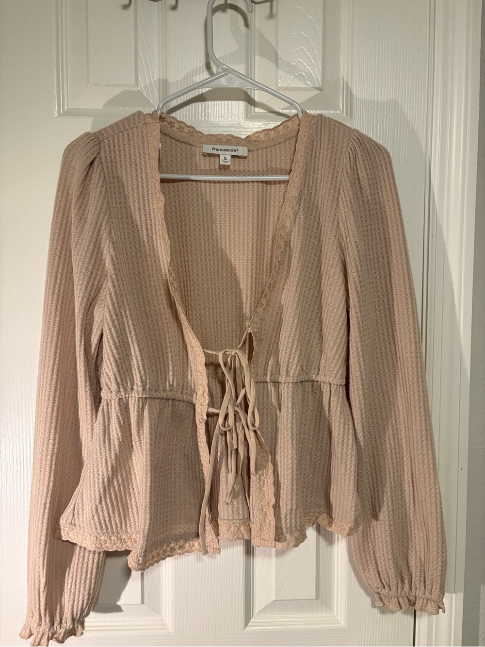 Francesca's Collections Blush Cream Tie-Front Waffle Blouse